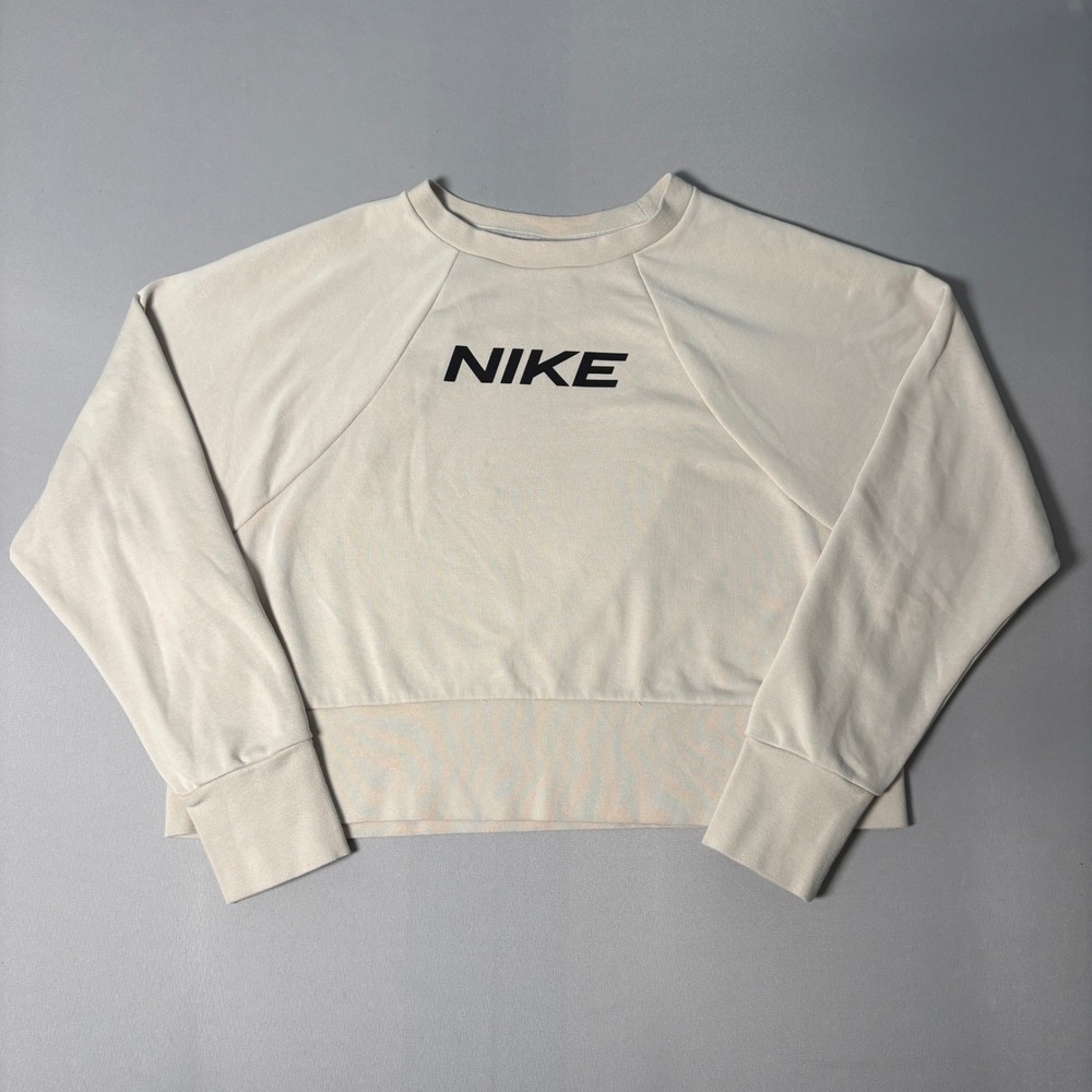 Nike Dri-FIT Women Cropped Sweatshirt Cream Beige Logo Pullover Medium